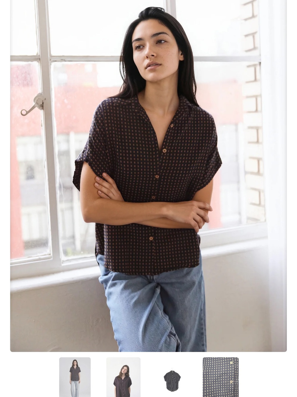 Short-Sleeve Button-Down Shirt in Dark Brown Dot